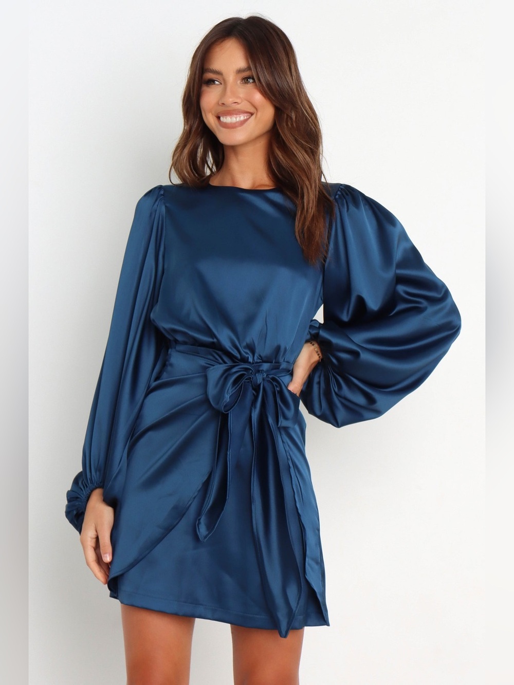 Petal & Pup Opal Satin Mini Dress Navy Long Sleeve Waist Tie Size 14 NWOT